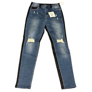NWT AKIRA Two Tone Faux Leather Denim Skinny Jeans Size 9 10